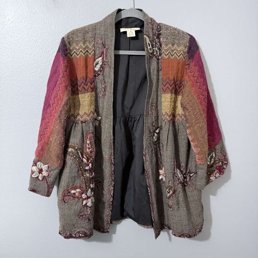 Vtg Women's Jacket 100% Wool M Coat Cardigan Patchwork Embroidered Boho Y2K